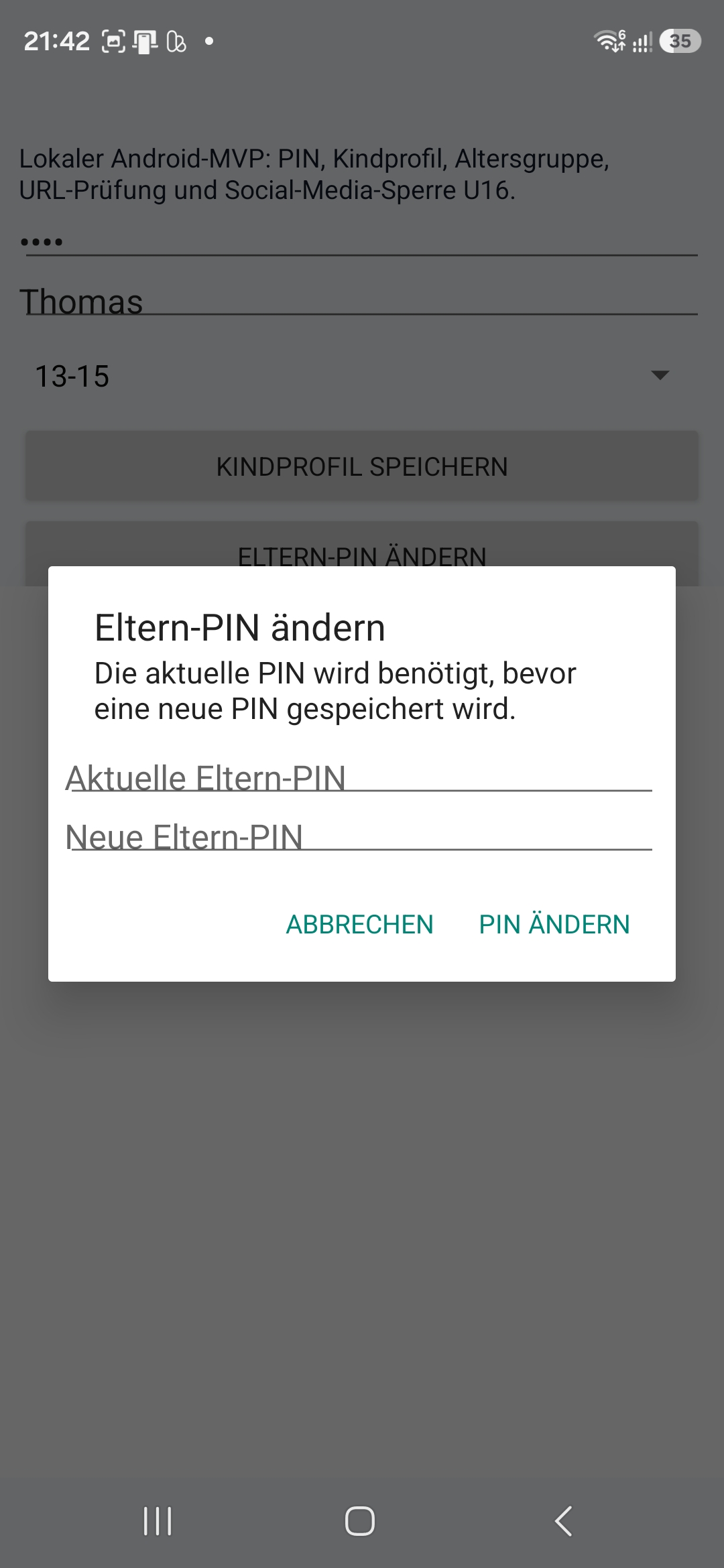 SafeYouth Shield Dialog: Eltern-PIN aendern